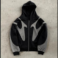 Geometric pattern stitching hooded cardigan zipper sweater in polyester black