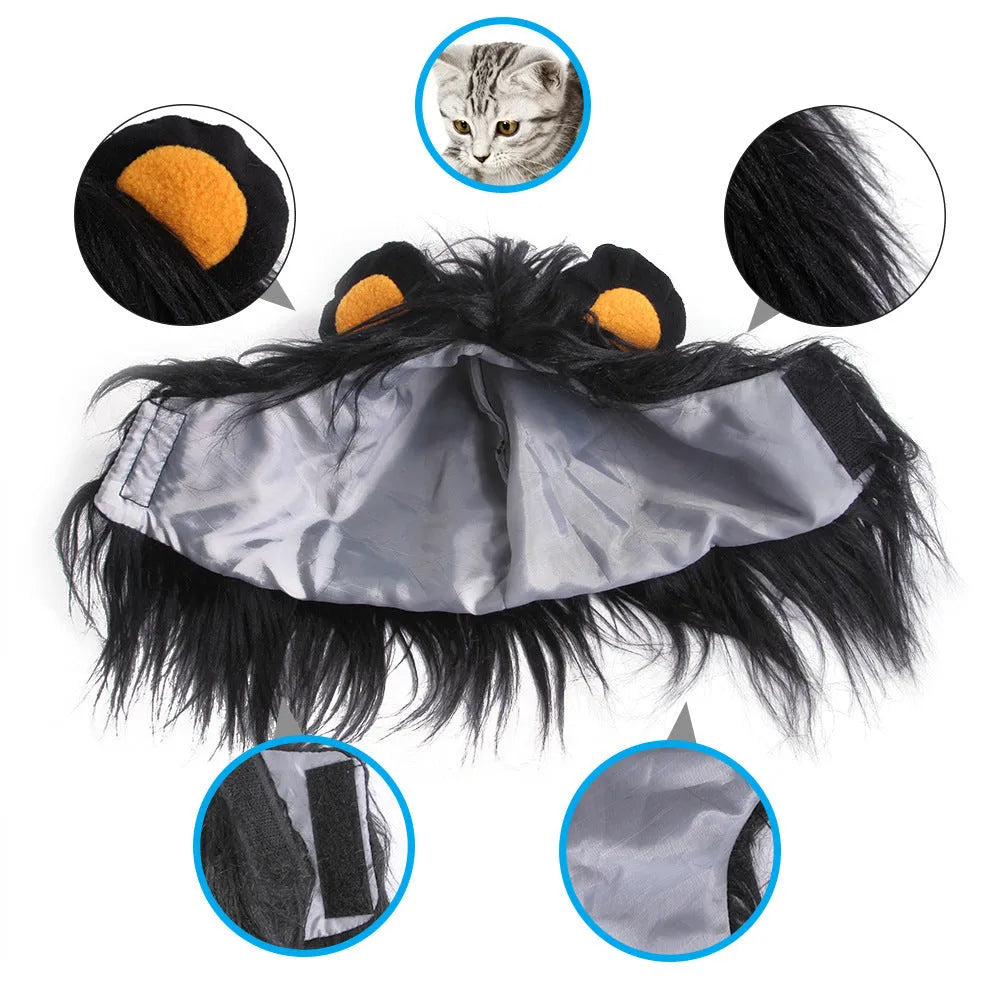 Black and white pet cat lion headgear wig hat costume in small, medium, large sizes