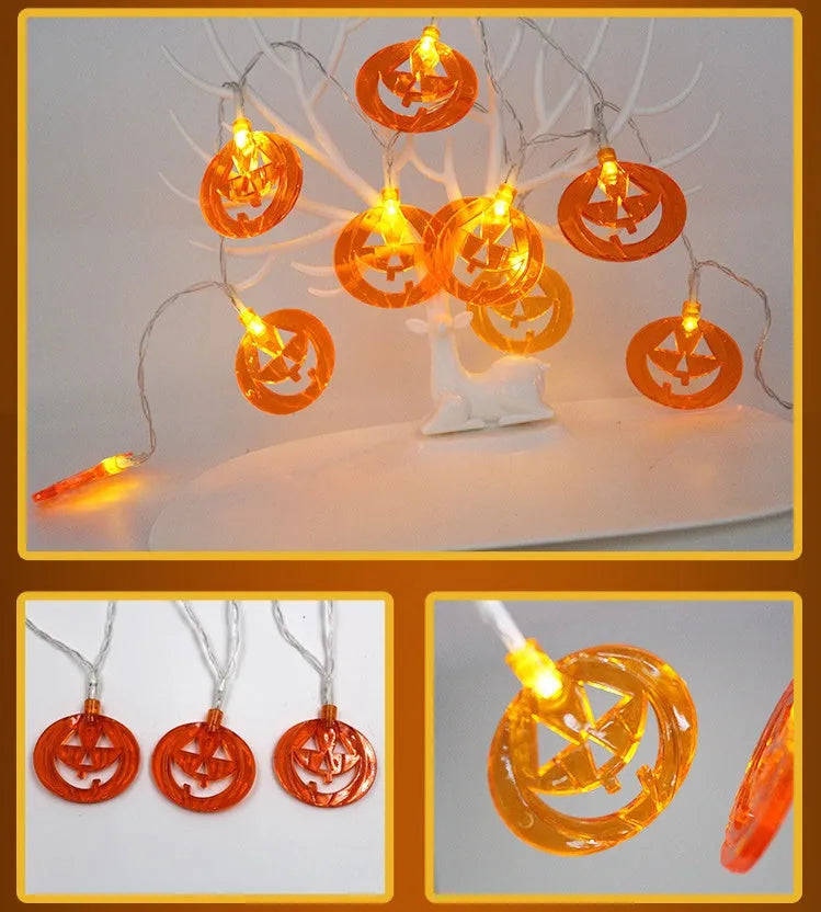 Halloween LED string lights with bat, ghost, pumpkin, and spider pendants on a 1.2 metre white wire.