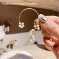 Hand-woven flower pearl earrings for women with geometric design, available in freshwater pearl or artificial pearl