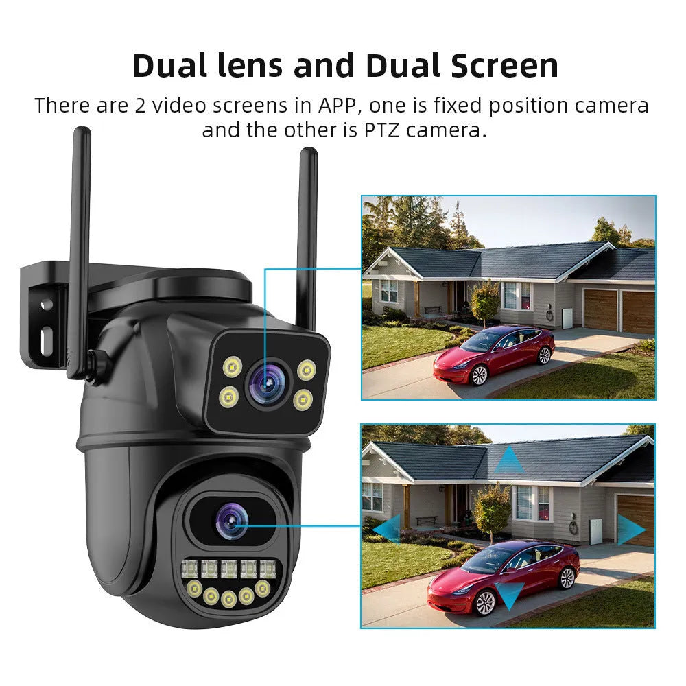 Black binocular gun ball linkage wireless surveillance camera with dual-screen humanoid tracking and hoistable bracket