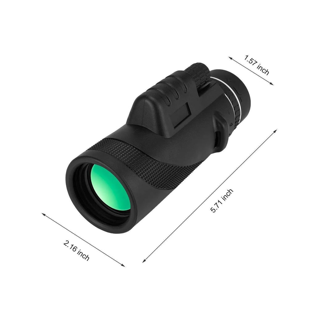 Black HD 40x60 monocular telescope with smartphone mount shown on a table.