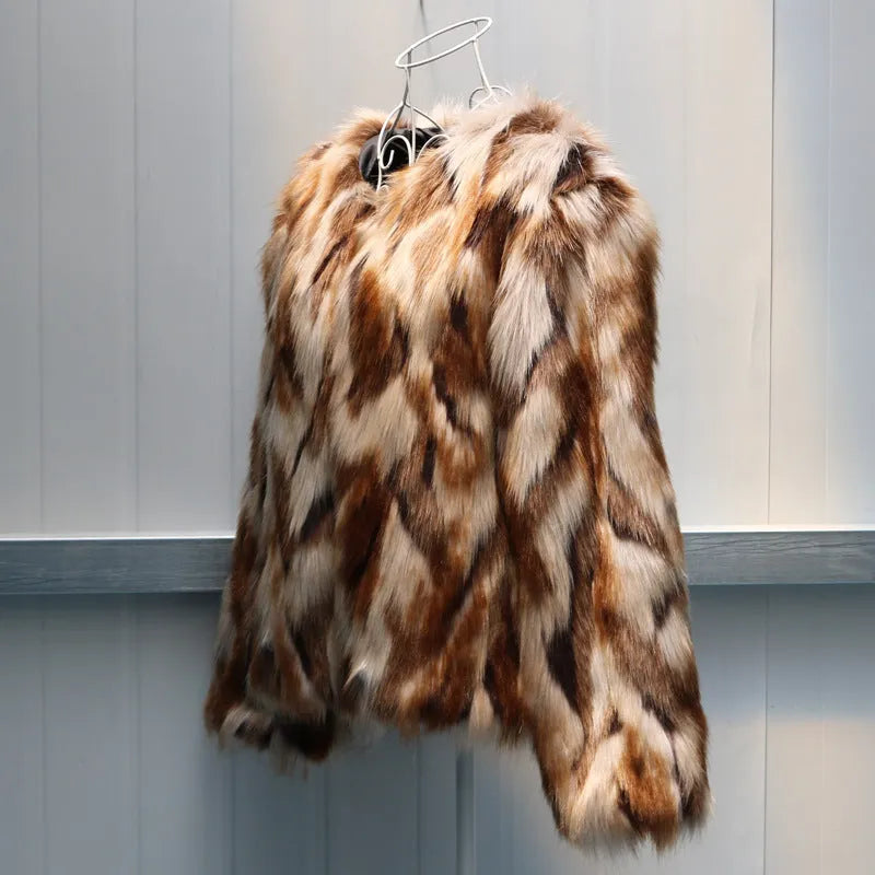 Korean slim-fit women's faux fur coat in artificial fur, shown in product colour.
