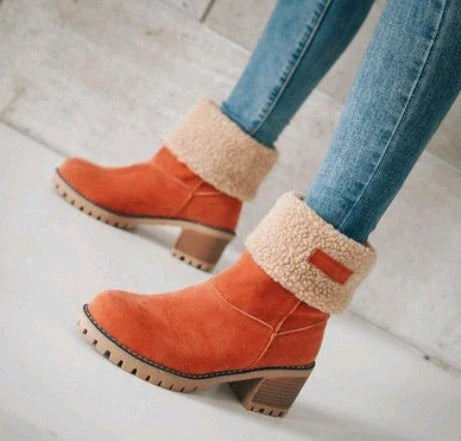 Stylish mid-calf suede snow boots with thick heels in various colors including gray, khaki, black, orange, and green