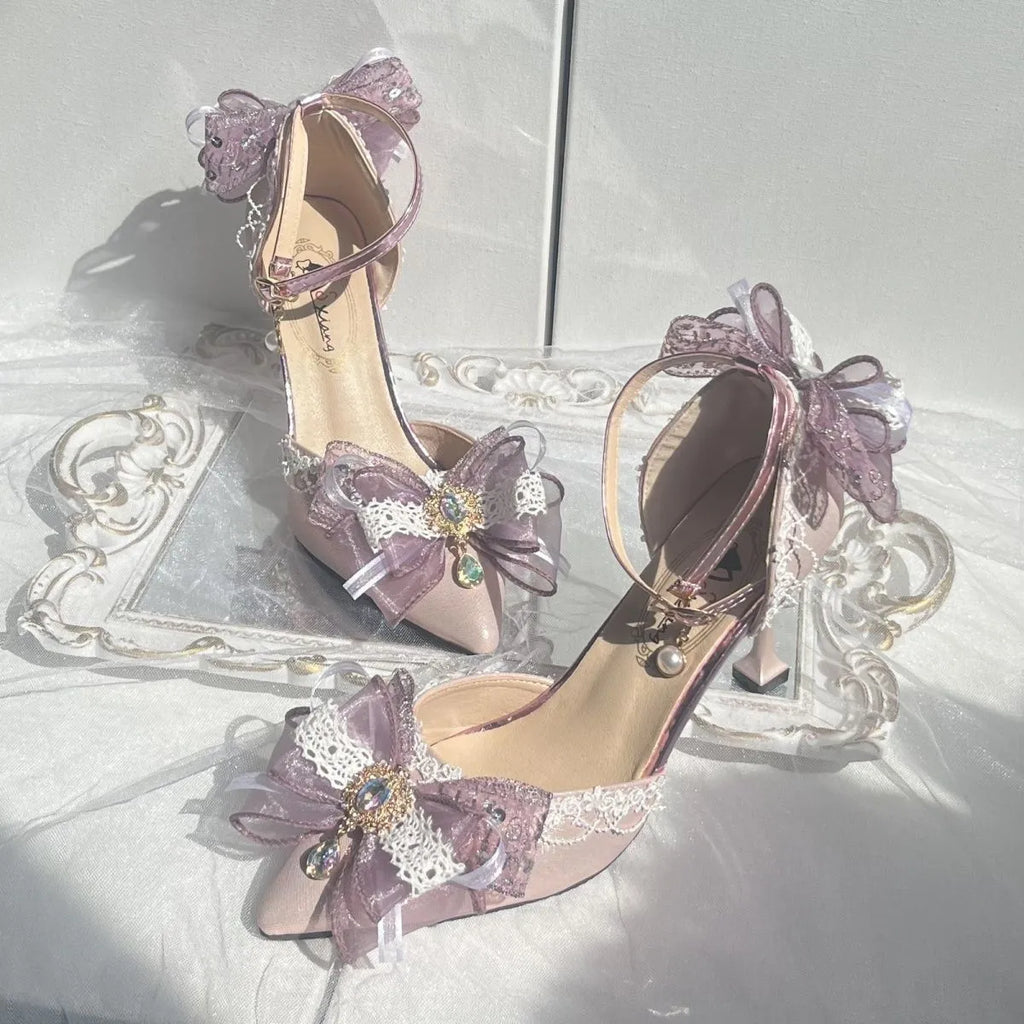 Purple satin wedding shoes with square toe design and lolita styling elements