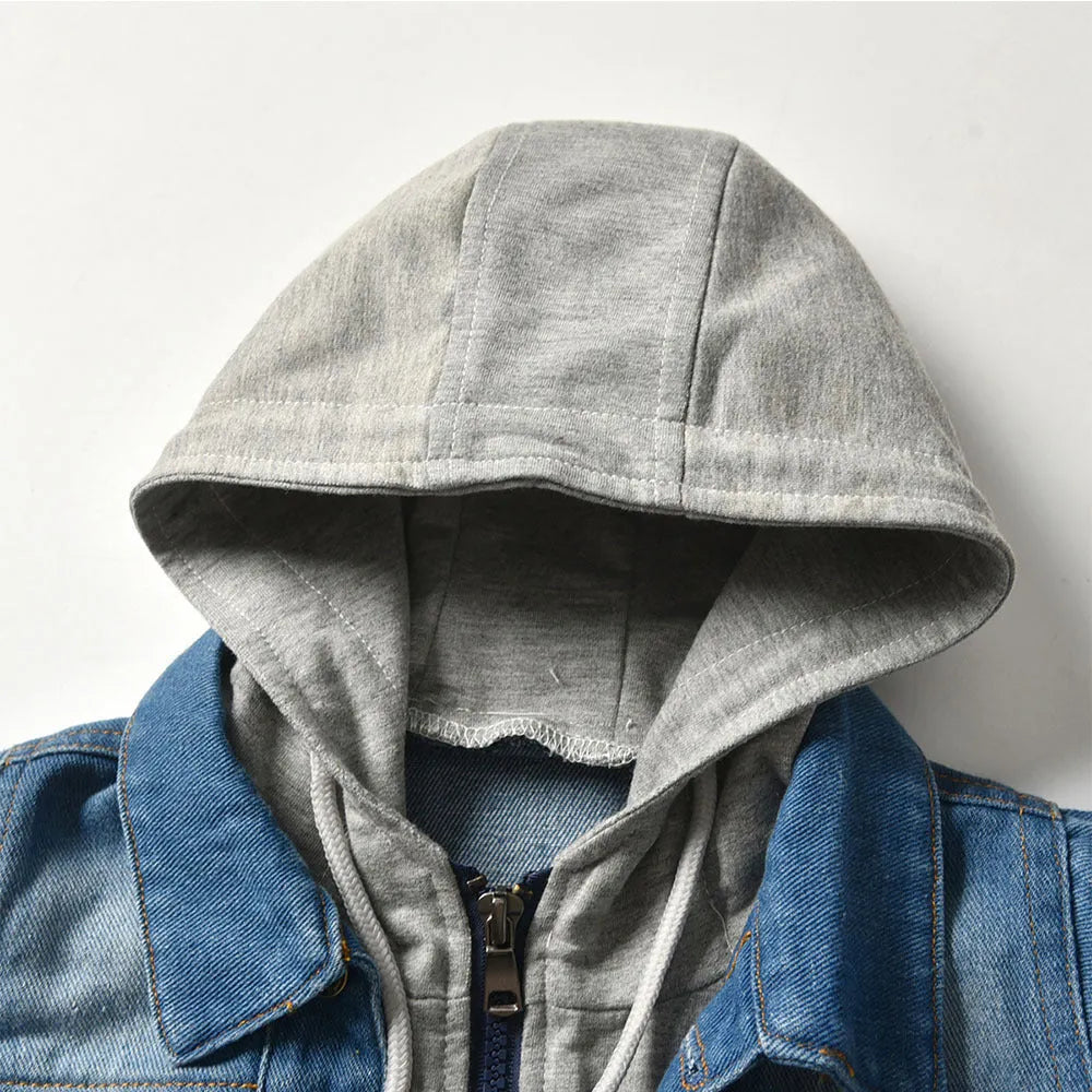 Grey children's hooded fake denim jacket with lapel collar, shown on a hanger
