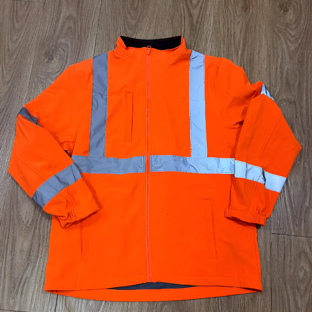 Black soft shell waterproof night reflective work coat with polyester fabric and medium length