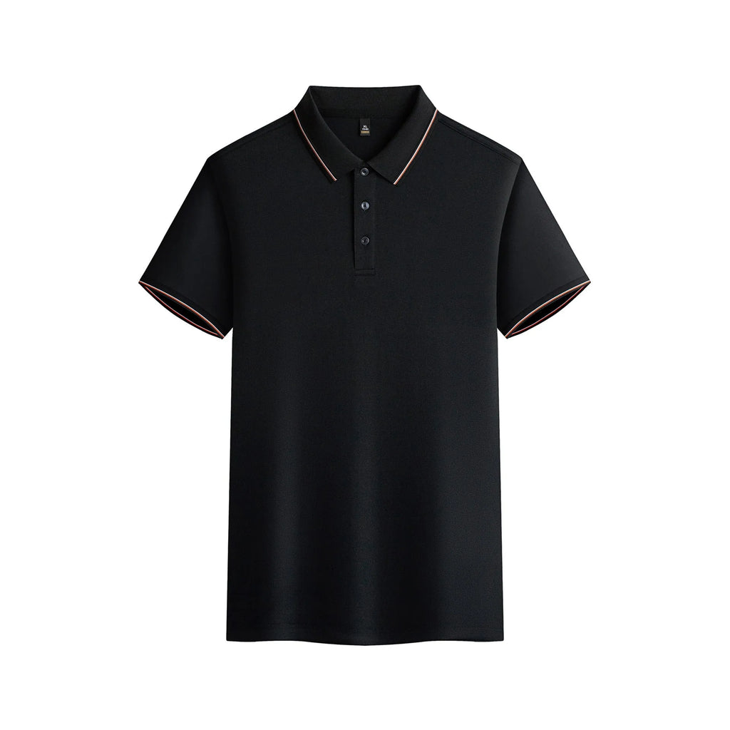 Solid colour short-sleeved polo shirt on hanger showing navy blue summer garment