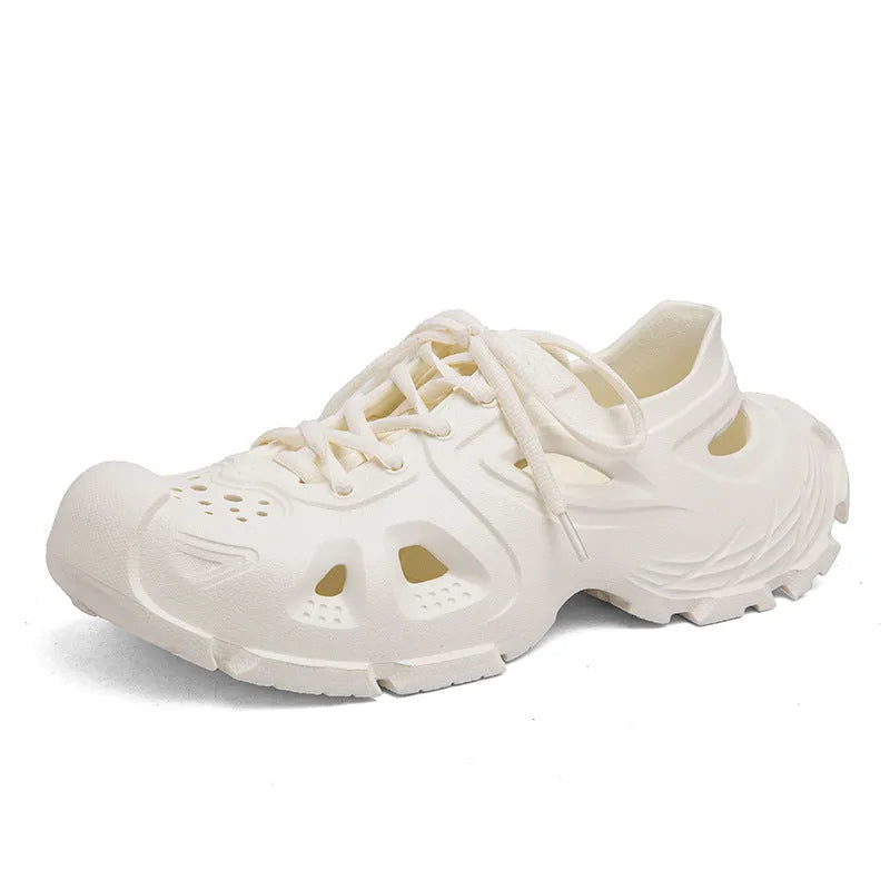 Men's black lace-up outdoor sports sandals with EVA sole on a white background.