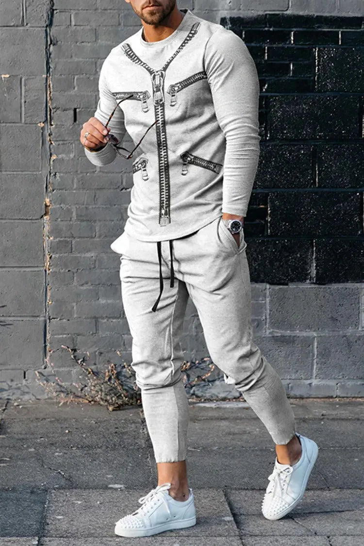 Men's round neck striped sweatshirt suit with long sleeve polyester top and trousers, available in sizes S to 6XL.
