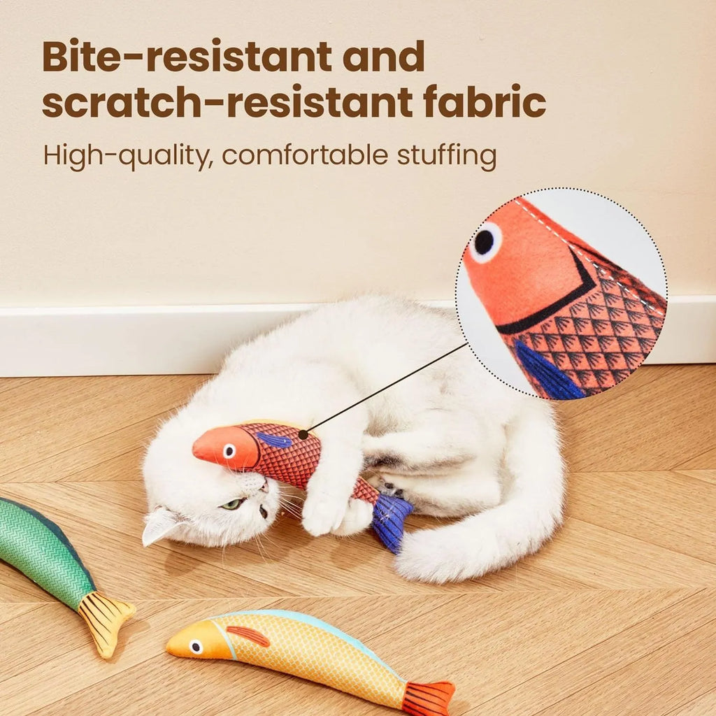 Green plush fish cat toy with organic catnip filling for interactive play and kicking.