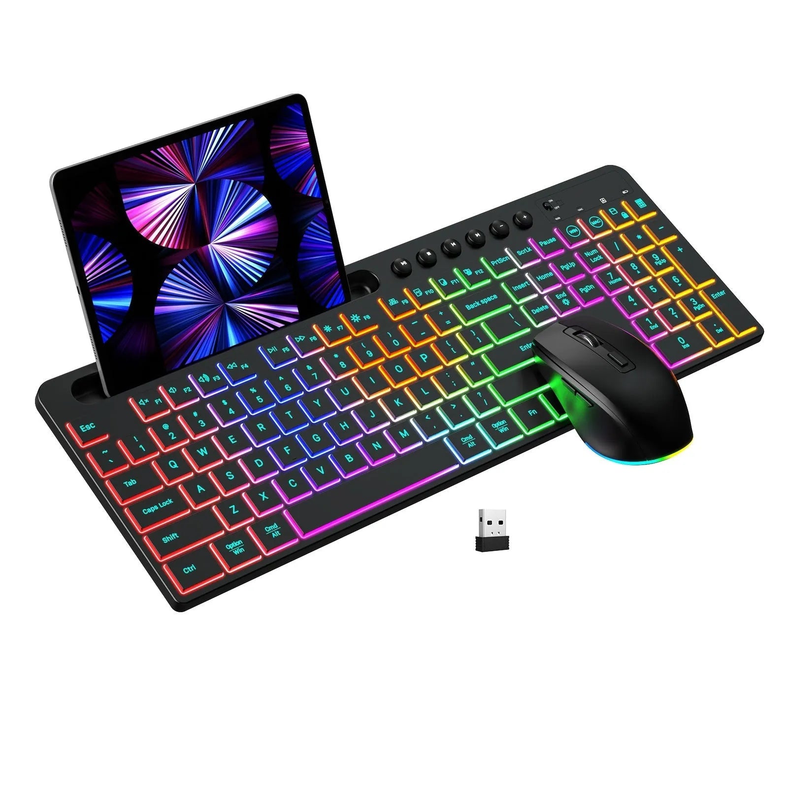 Wireless keyboard and mouse set with card slot, luminous features, and dry battery powered 2.4G connectivity