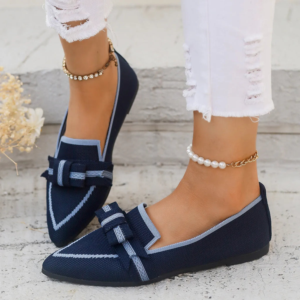 Women's fabric flat shoes with bowknot detail in brown low heel casual style