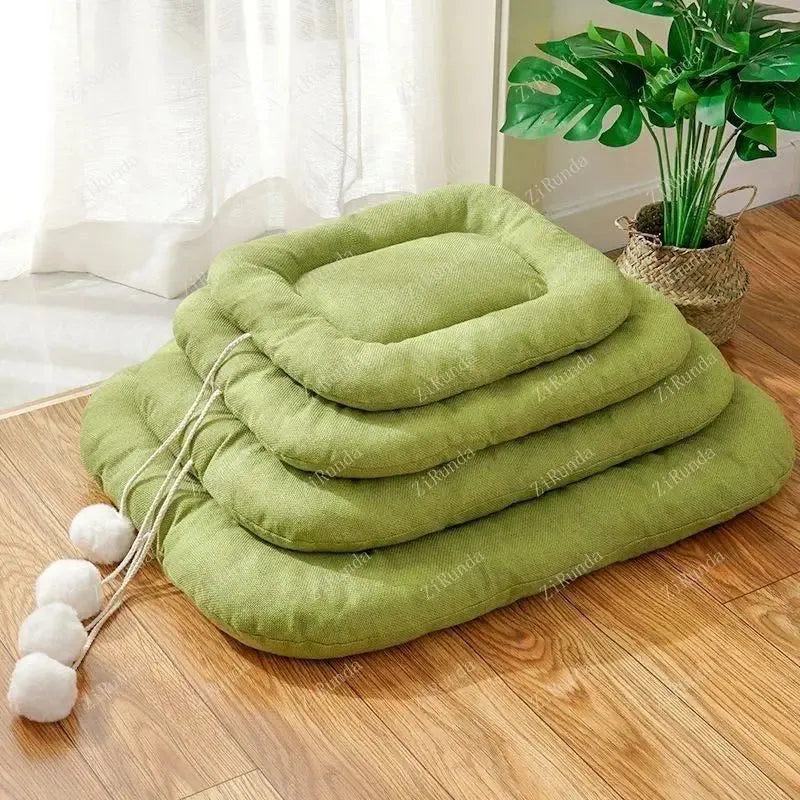 Brown cooling mat for small to medium-sized dogs in kennel setting with size dimensions shown