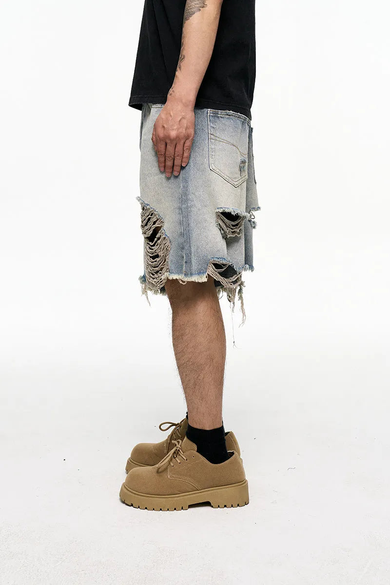 Light blue retro washed men's baggy denim shorts with wide leg cut