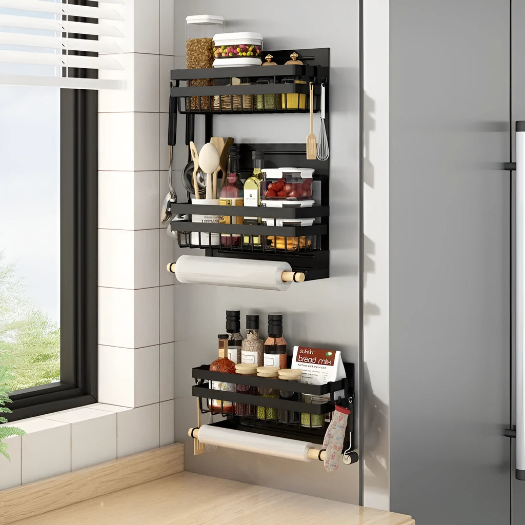 Magnetic refrigerator side storage rack in Black or Dark Green, punch-free, for plastic wrap, tissue, and seasoning, sizes L M S
