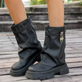 Black simple British style thick-soled Martin boots for women with side zipper, round toe, and square heel