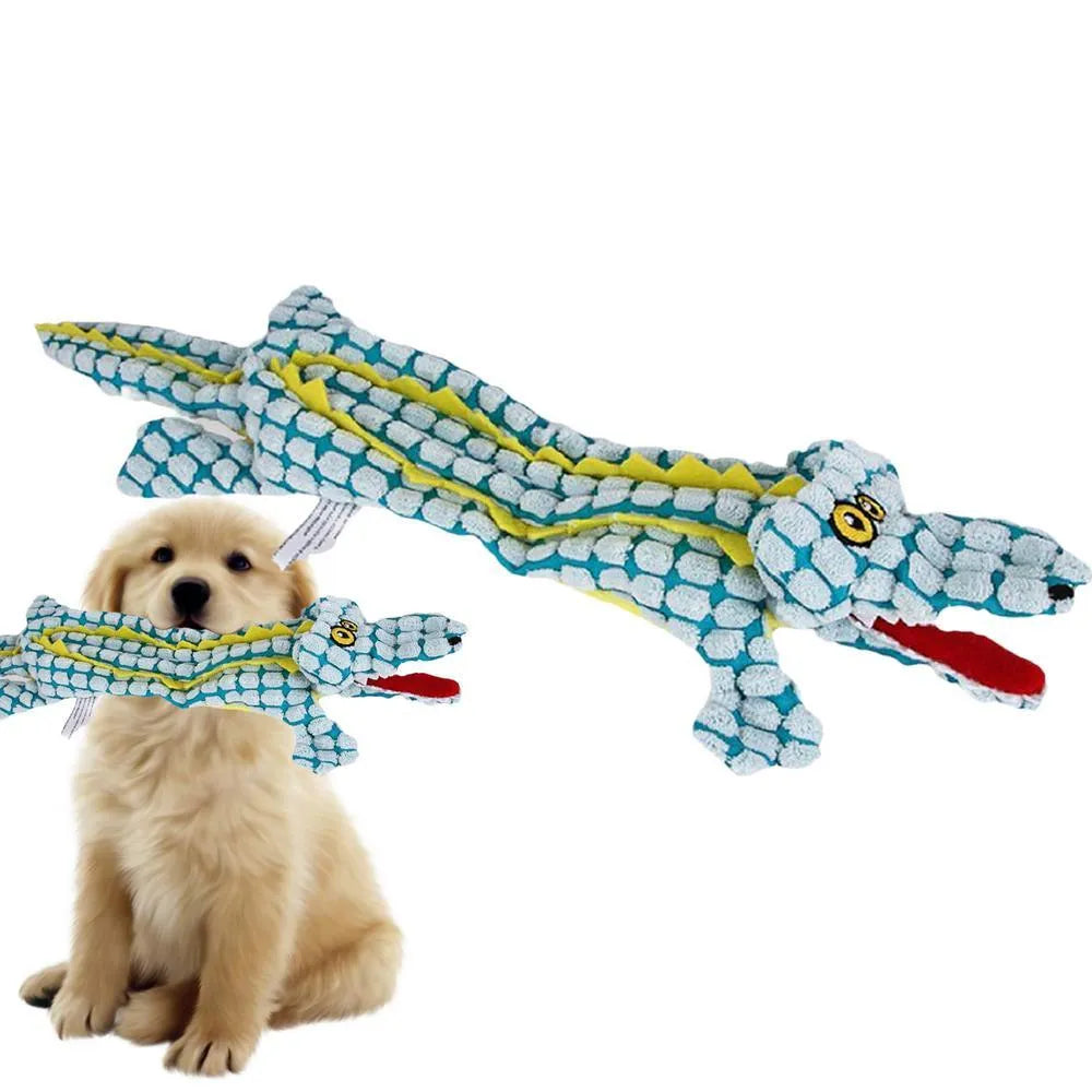 Blue plush crocodile dog toy with corduroy fabric texture and squeaker for interactive play