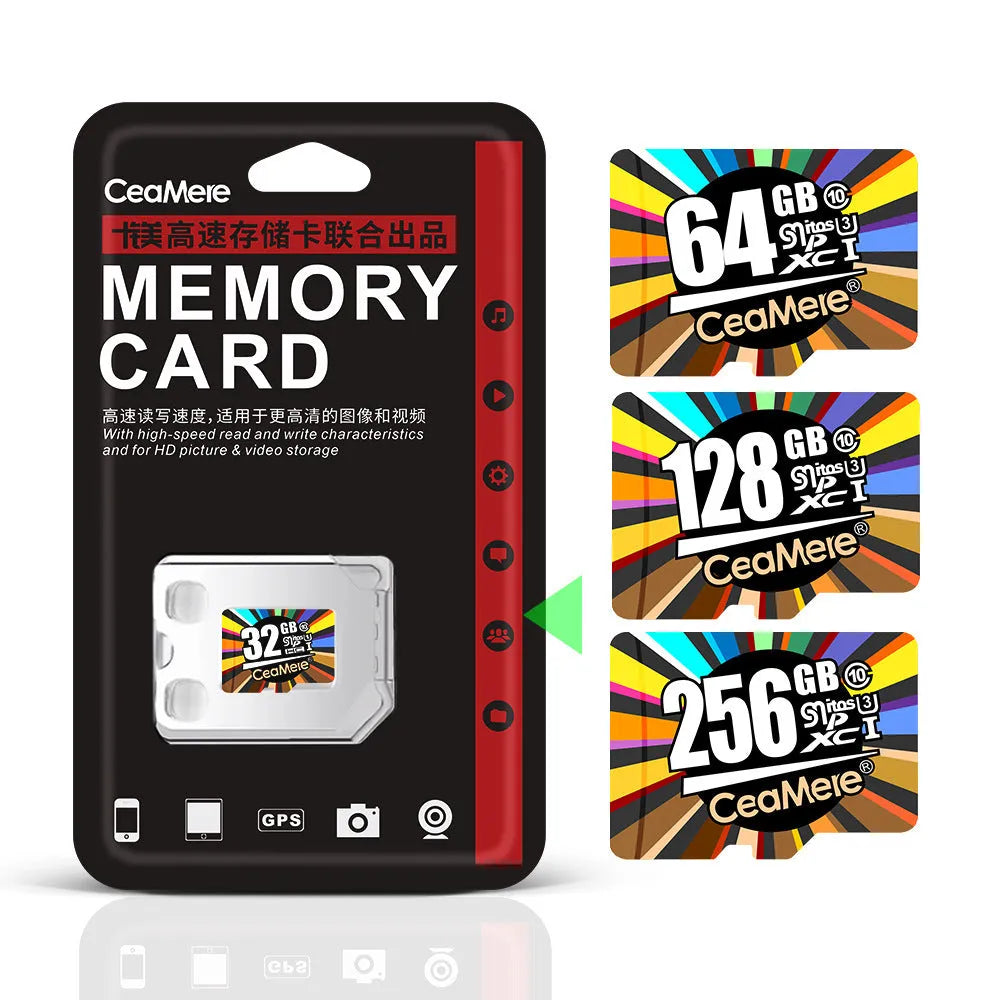 Micro SD memory card Class 10 with 10MB/s read write speed, available in 8GB to 256GB capacities for smartphones, tablets, and dash cams