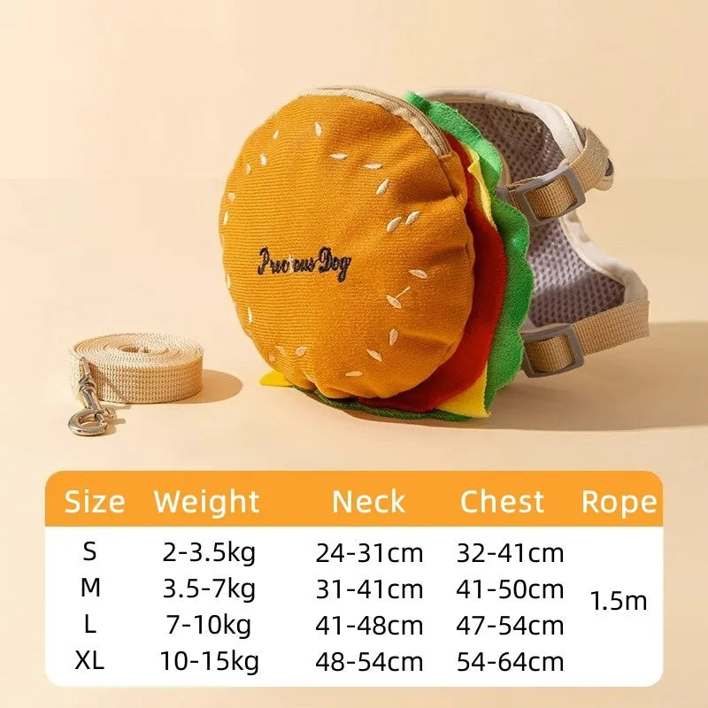 Cartoon hamburger chips design adjustable pet vest leash rope in escape-proof walking harness