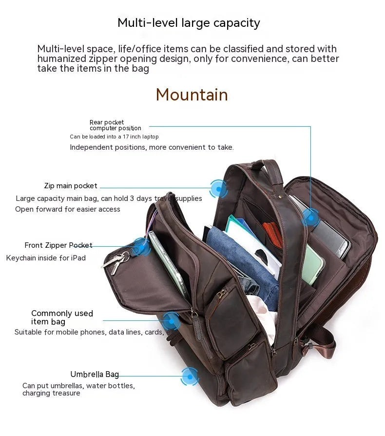 Dark brown retro leather backpack for men with a 17-inch laptop compartment open.