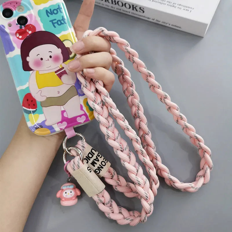Long crossbody nylon phone lanyard with three-strand horse tail pendant and clip in assorted colours