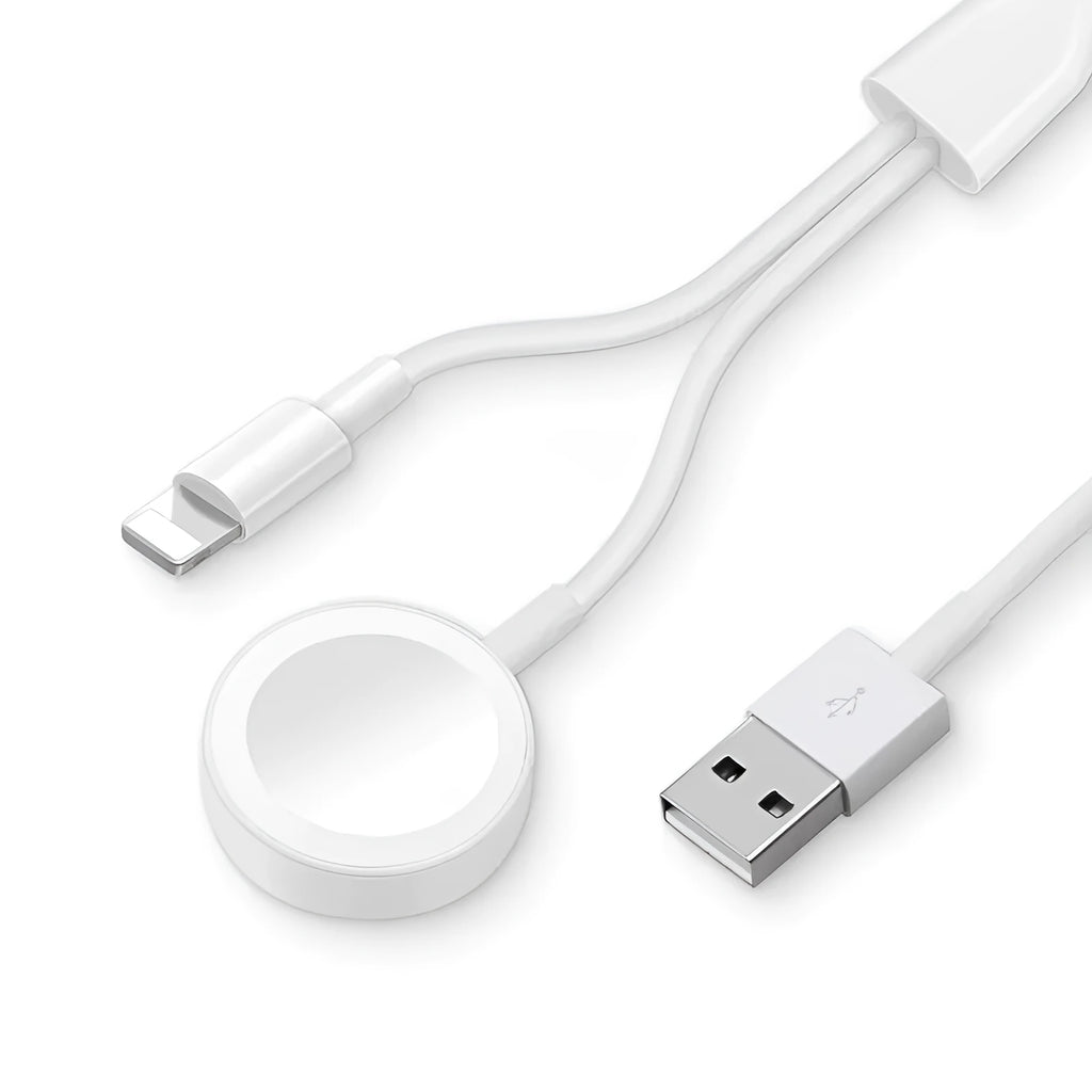 White two-in-one wireless watch charger with USB connection port