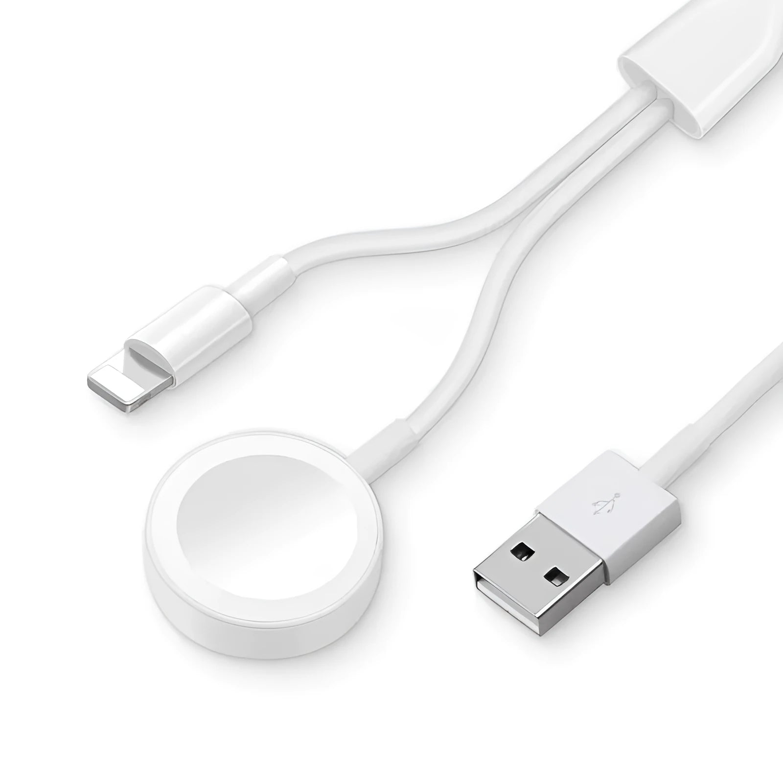 White two-in-one wireless watch charger with USB connection port