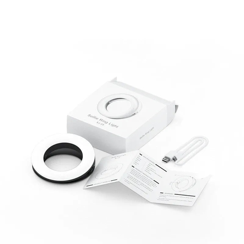 Black LED selfie ring light for mobile phones with USB cable for YouTube streaming and photography