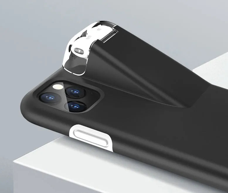 Black 2-in-1 iPhone case with integrated AirPods charging case slot on the back.