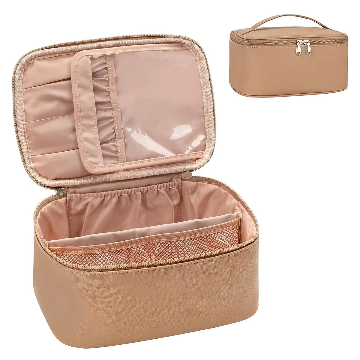 Large capacity black cosmetic bag with cotton outer and nylon lining, ultra light portable handbag for makeup and toiletries