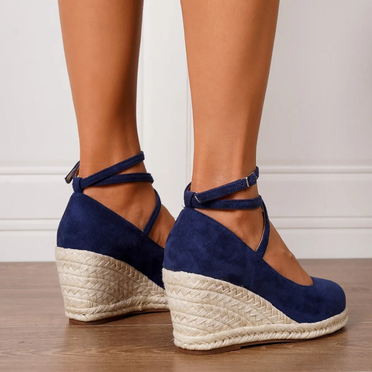 Dark blue suede straw woven wedge closed toe high heels sizes 34-43