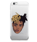 Transparent matte half-wrapped iPhone case with XXXTentacion pattern design showing dirt-resistant anti-knock protection.