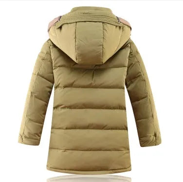 Boys Winter Down Coat 100% Polyester Duck Down Padded Jacket -30 Degree Warm Children Medium Length Hooded Casual Solid Colour Thickening Outerwear for 8-16 Years Old 130-170cm