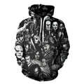 3D horror character printed black polyester hoodie front view with graphic