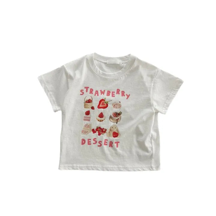 Children's short sleeve cotton t-shirt with cartoon strawberry food pattern in white and brown, size 100cm