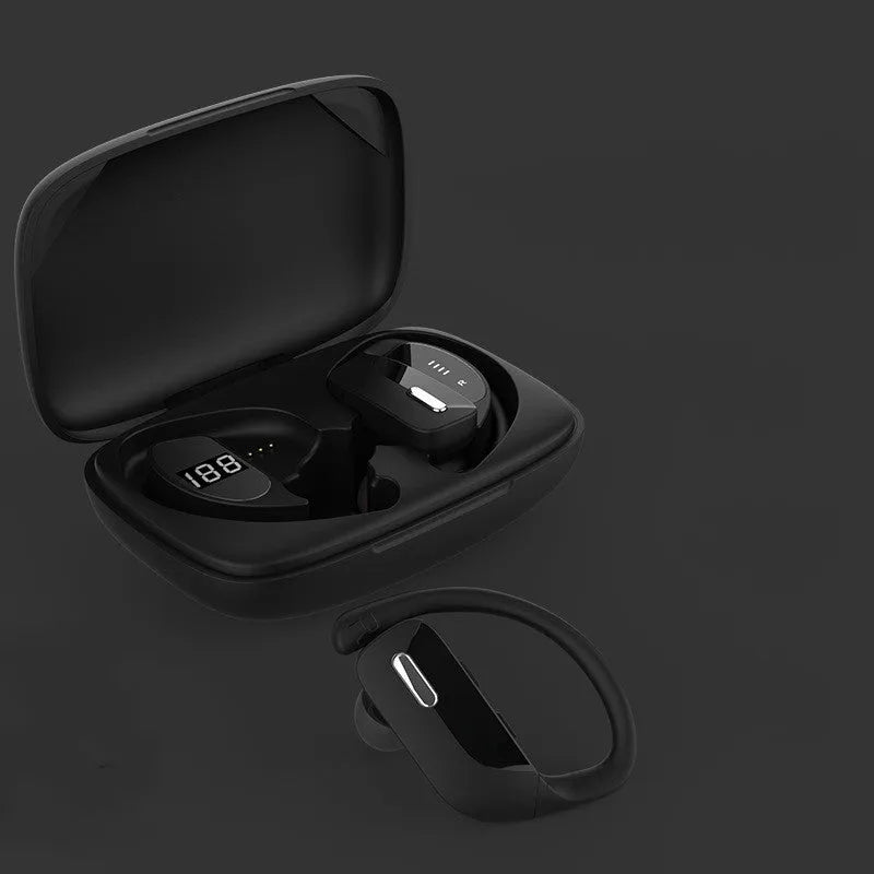 Black wireless Bluetooth headphones with LED digital display and hanging ear design