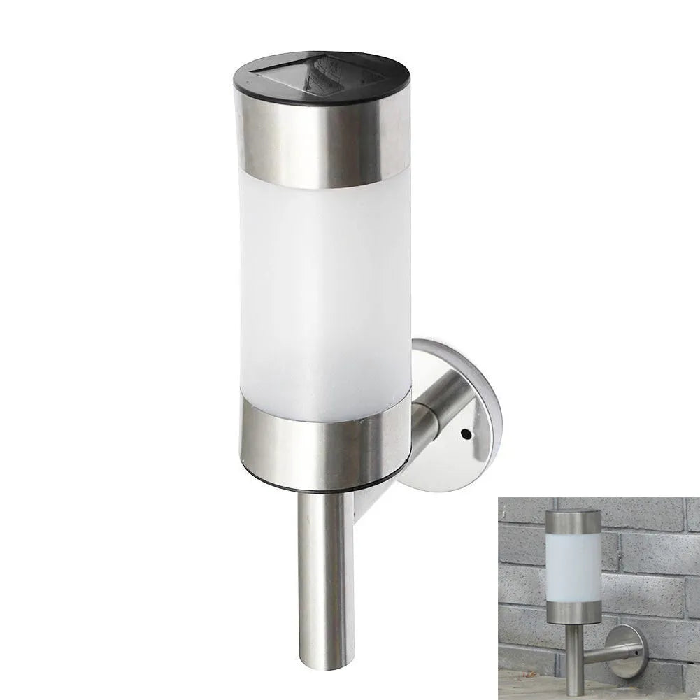 White solar garden wall light with stainless steel mounting bracket measuring 25cm tall