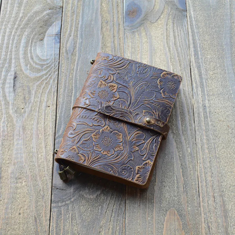 Carved cowhide leather passport holder showing decorative patterns in available colour options
