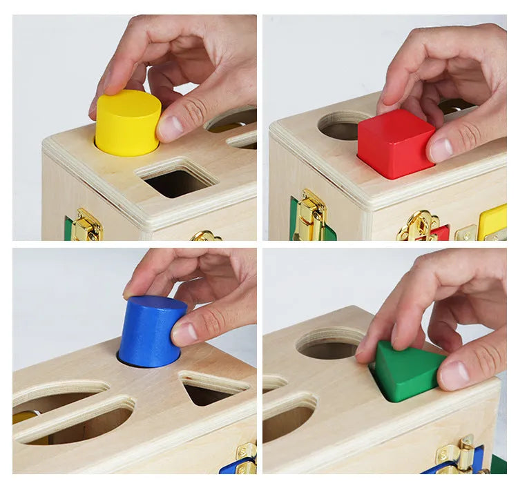 Wooden shape lock box educational toy for preschool children with twelve pieces