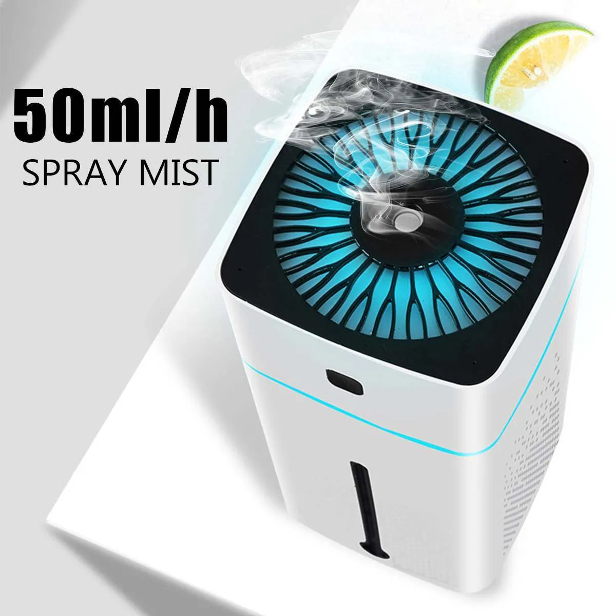 Black or white USB-powered desktop humidifier with 1000ml capacity measuring 103x103x218mm