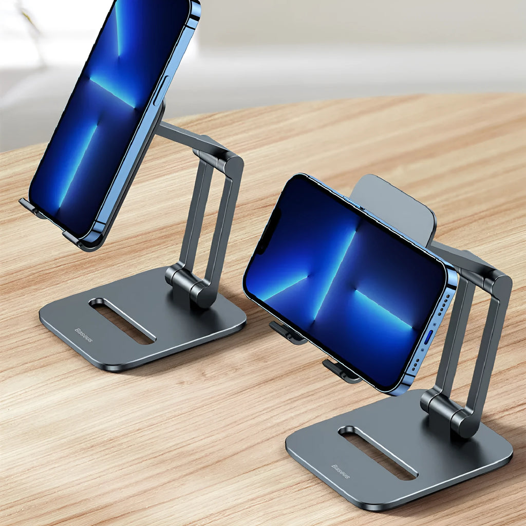 Deep space grey aluminium alloy folding stand for mobile phones and tablets on a desk