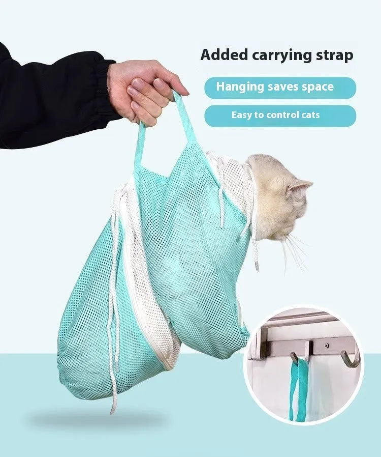 Pink and white detachable cat grooming bag with scratch-resistant fabric next to a miracle baby sponge.