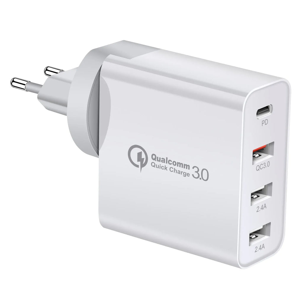 Black or white 48W PD charger with four USB-C ports and interchangeable UK, US, EU, AU plugs.