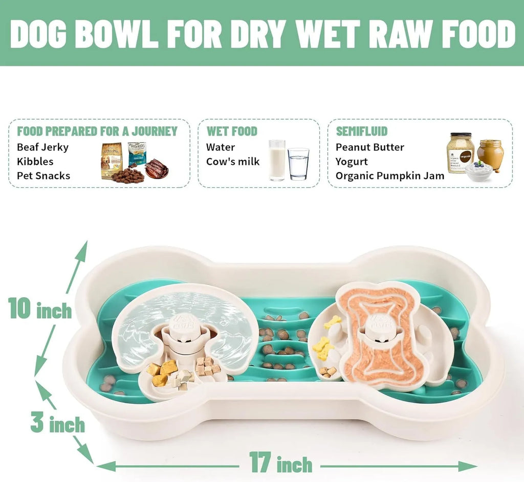 Green slow feeder dog bowl with three removable trays showing wave and groove patterns for large dogs.