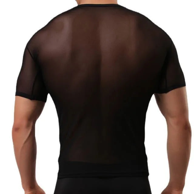 Men's slim fit mesh transparent short-sleeved T-shirt in solid colours