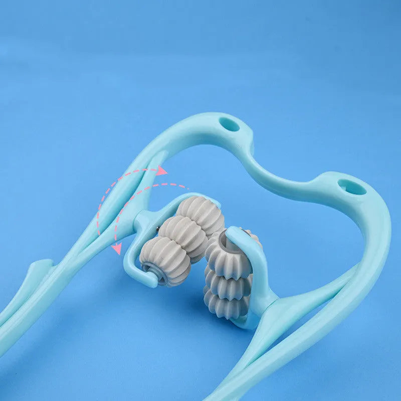 Blue swan-shaped six-wheel manual neck massager with rotating balls and natural jade scraping board on white background