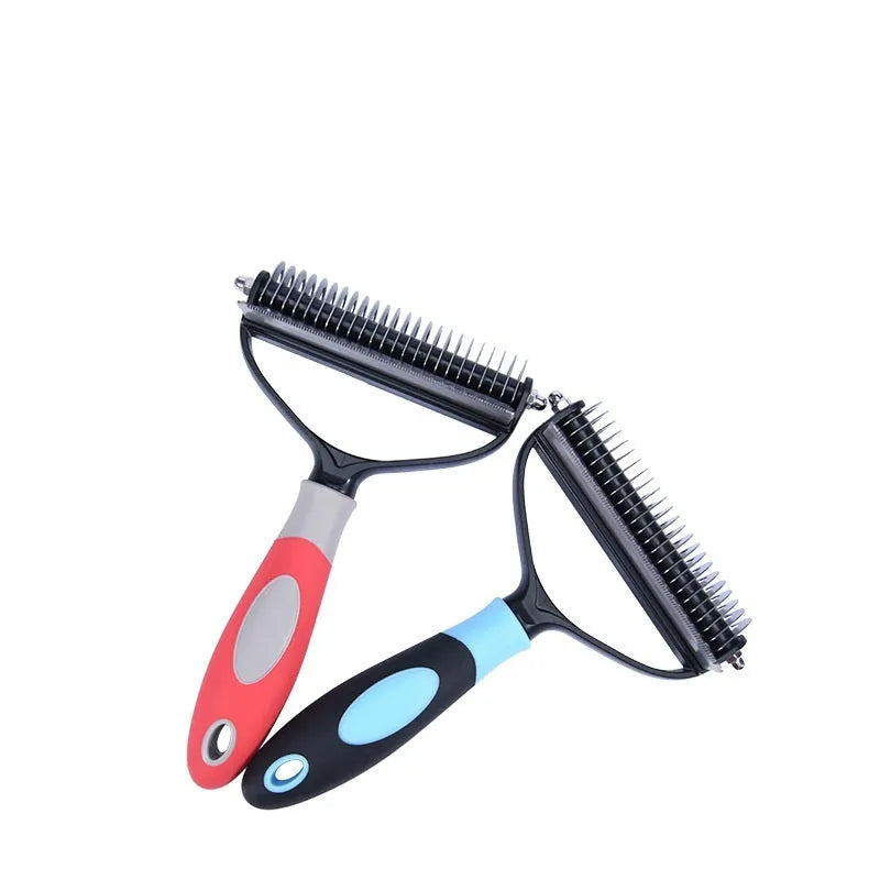 Plastic dual purpose pet comb for removing floating hair and dead knots from dogs and cats, available in blue