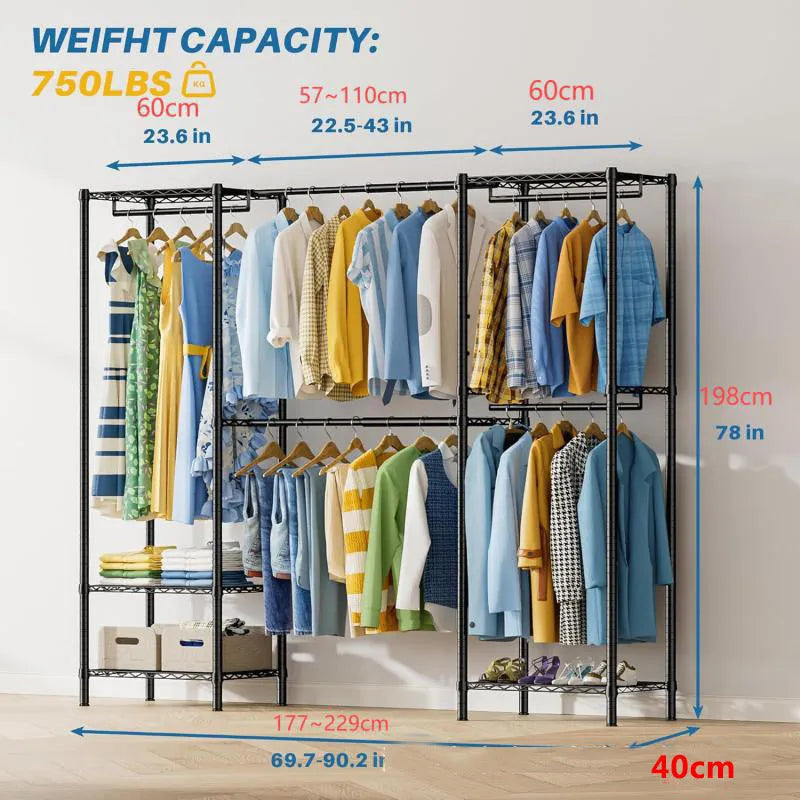 Black freestanding metal clothes storage rack with long hanging rail.