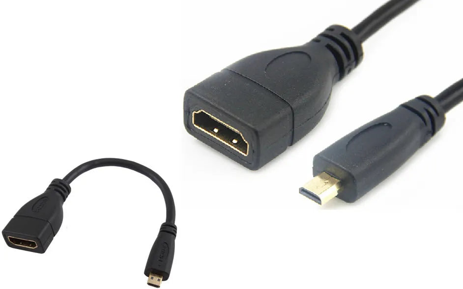 Black HDMI female to Micro HDMI male stub cable 0.15m short adapter on white background